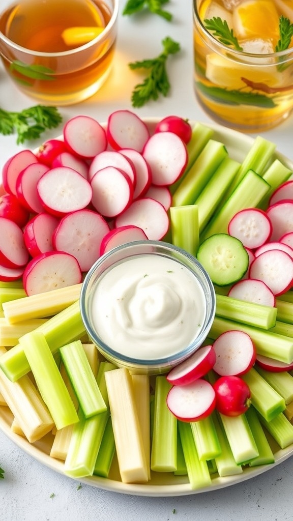 Zero Carb, Zero Calorie Snack Ideas A colorful assortment of zero carb snacks including celery, cucumber, and radishes with a bowl of dip.